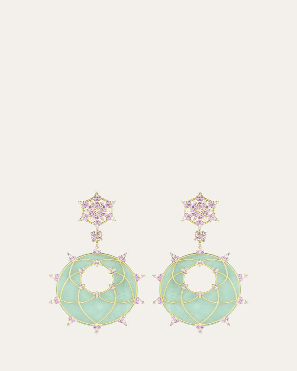18K Yellow Gold 40mm Jade Disc Earrings with Diamonds and Sapphires